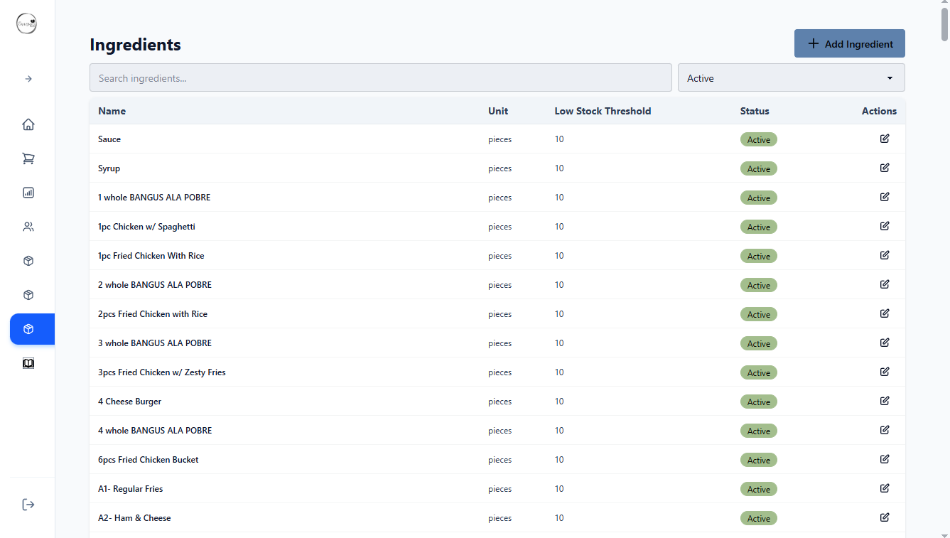 Ingredient inventory management screen