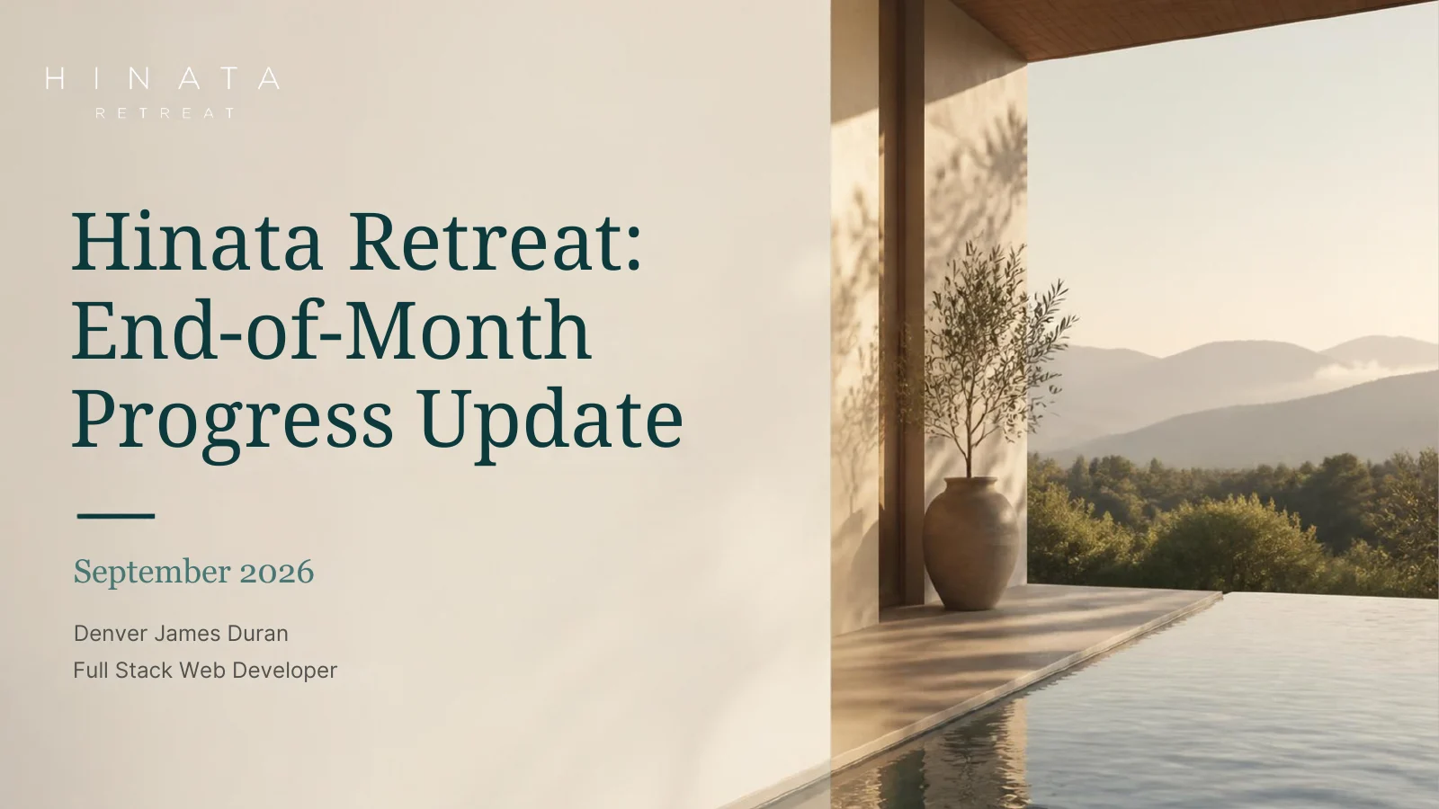 Cover slide for Hinata Retreat’s September 2026 progress update