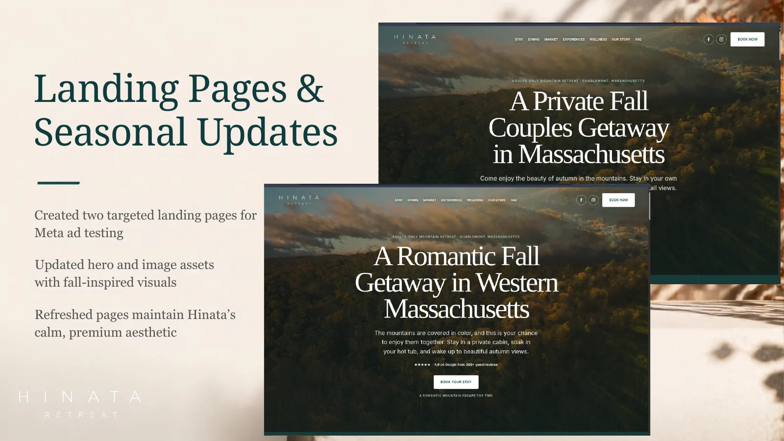 Two fall campaign landing pages created for Hinata Retreat