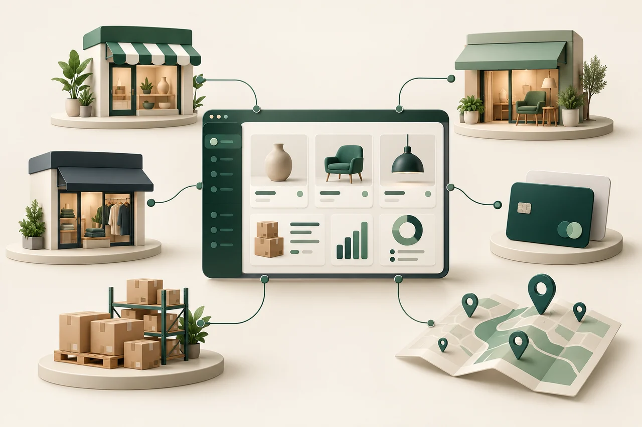 Illustration of vendor storefronts, inventory, payments, and location workflows connected through one platform